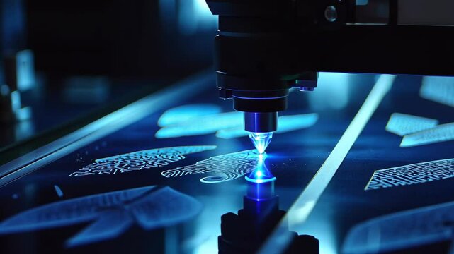 Laser engraving machine creating intricate designs on glass at a workshop