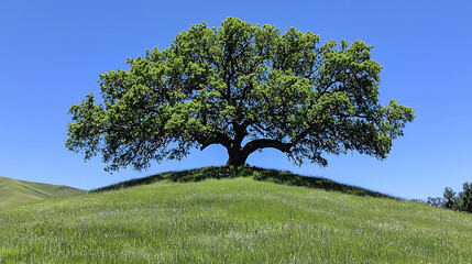 Obraz premium Lush green tree atop a grassy hill basking under a clear bright blue sky on a sunny day.
