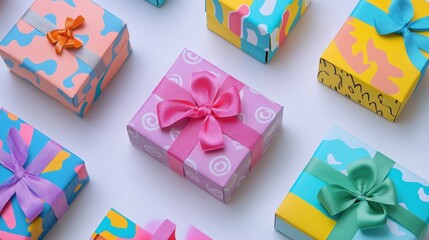 A collection of birthday gift boxes with colorful wrapping paper on a white isolated background