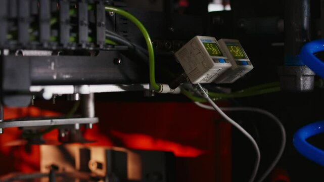 Precision machinery in an industrial setting operates with a digital readout, with a record pressing stamper in the background