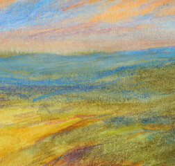 Beautiful hand painted landscape. Colored pencils  on paper. Versatile artistic image for creative design projects: posters, banners, websites, cards, prints and wallpapers. Artist-made art.