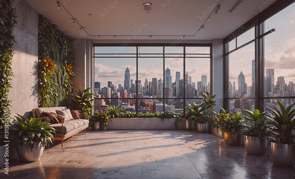 Aufkleber large window in a room with a city view. the room is empty and has a modern design