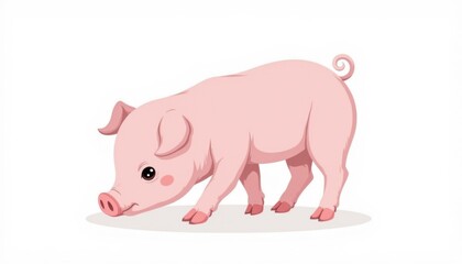 A tiny pink piglet with curly tail and floppy ears, eagerly sniffing the ground with its wet nose, against a pure white background.
