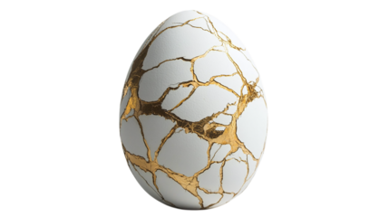 Easter egg adorned with gold leaf cracks, resembling Kintsugi art, isolated on white background --ar 16:9