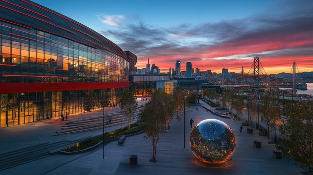 Chase Center: Modern Arena Experience with Seeing Spheres Art Installation in Vibrant San Francisco Cityscape