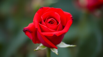 A Single Red Rose: A vibrant, velvety red rose,  fully bloomed with a delicate and romantic charm, is captured against a soft, out-of-focus background. Its petals are a rich crimson.