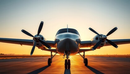 Fototapeta premium A twin-engine propeller aircraft stands majestically on the tarmac, bathed in the warm glow of a breathtaking sunrise.