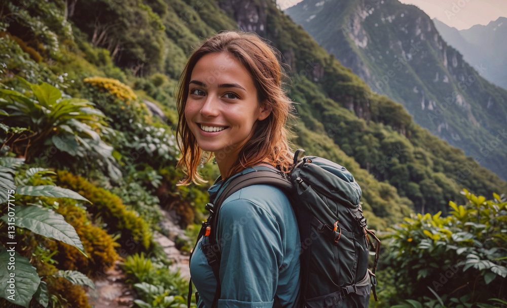 Poster woman is smiling and wearing a backpack while standing in a forest. scene is cheerful and adventurou