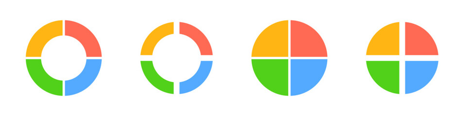 Four colorful circles display stages from incomplete to complete, each divided into sections.