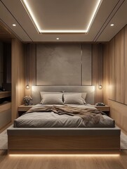 Luxurious and cozy bedroom presents a modern interior design concept