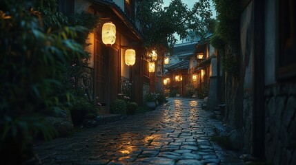 Obraz premium Lantern-lit Cobblestone Streets of Kyoto Bustling with People