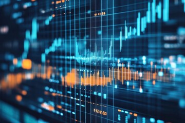 A financial stock market graph with blue lines and grid pattern displayed on a digital screen clearly visible