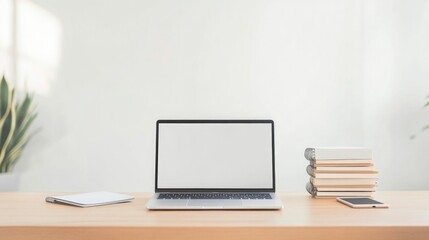 Naklejka premium minimalist workspace setup featuring sleek laptop and stacked notebooks alongside modern smartphone nestled on clean