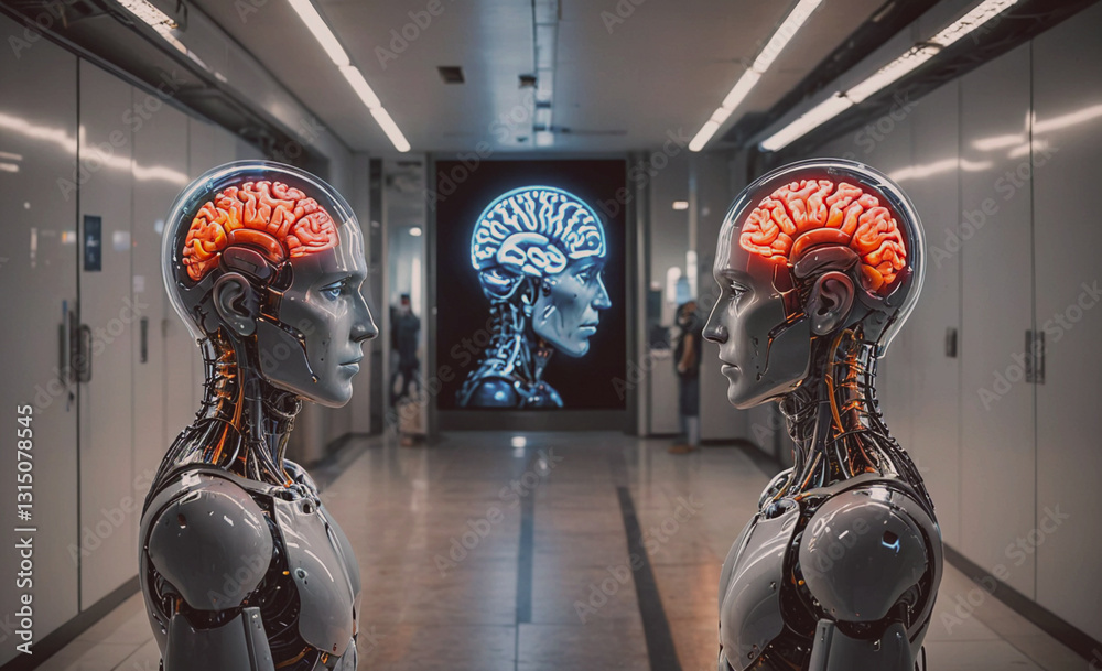 Aufkleber Two robots with human heads and a brain on a wall. The robots are facing each other. The robots are made of metal and have a futuristic look