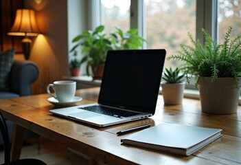 Fototapeta premium Sleek workspace environment with coffee, notebook, and laptop by the window, cozy atmosphere