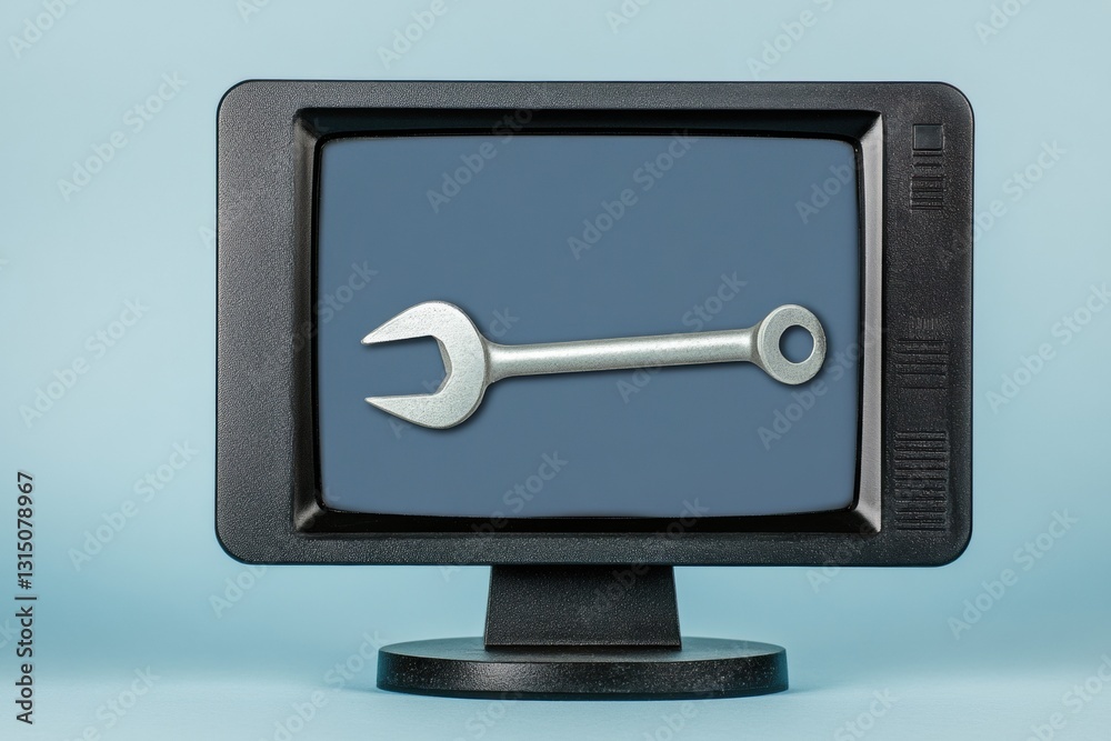 Poster Monitor icon with wrench and nut overlay illustrating computer repair service and maintenance with space for text usage