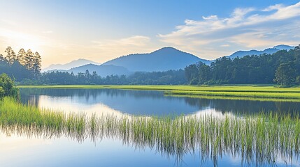 Tranquil lake sunrise, mountain reflection, idyllic landscape, travel poster