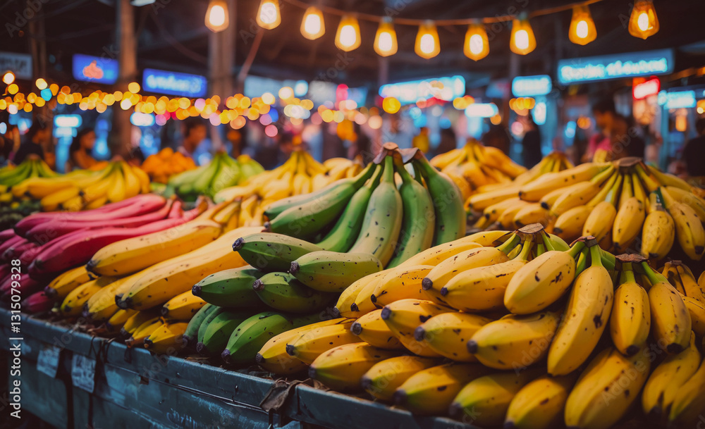 Poster bunch of bananas are displayed in a market. the bananas are yellow and green. there are many people 
