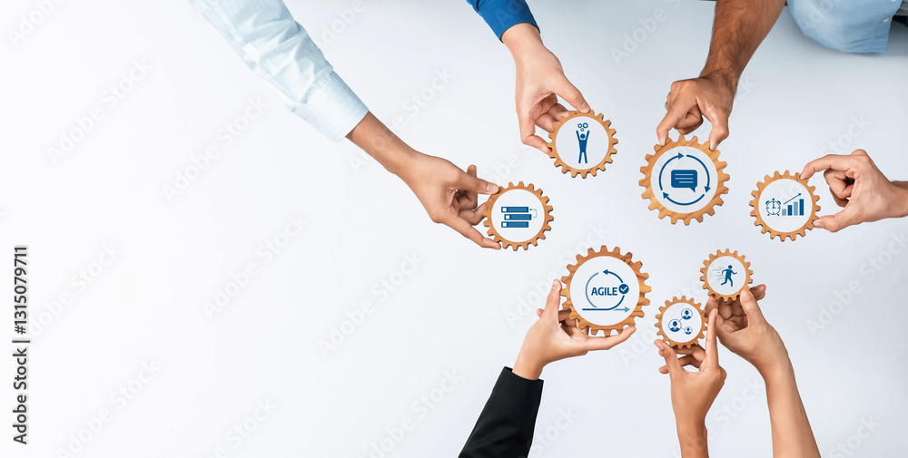 Aufkleber engaging visual of diverse hands working together with gears and icons, symbolizing collaborative st