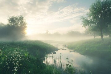 A serene landscape featuring a misty river, lush greenery, and soft morning light.