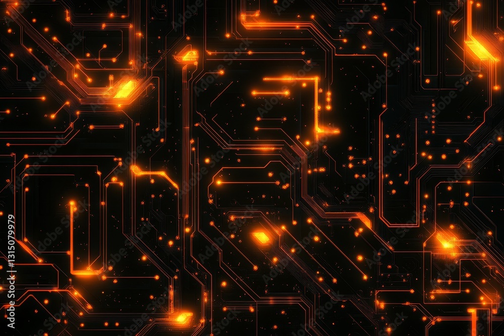 Poster A black and orange background with many glowing lights. The image is of a computer circuit board with many small lights on it. Scene is futuristic and technological