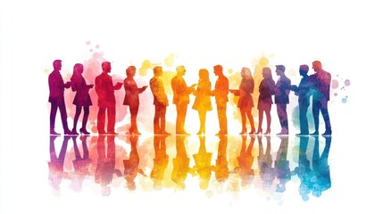 Colorful silhouettes of diverse people networking, reflected on a vibrant watercolor background.