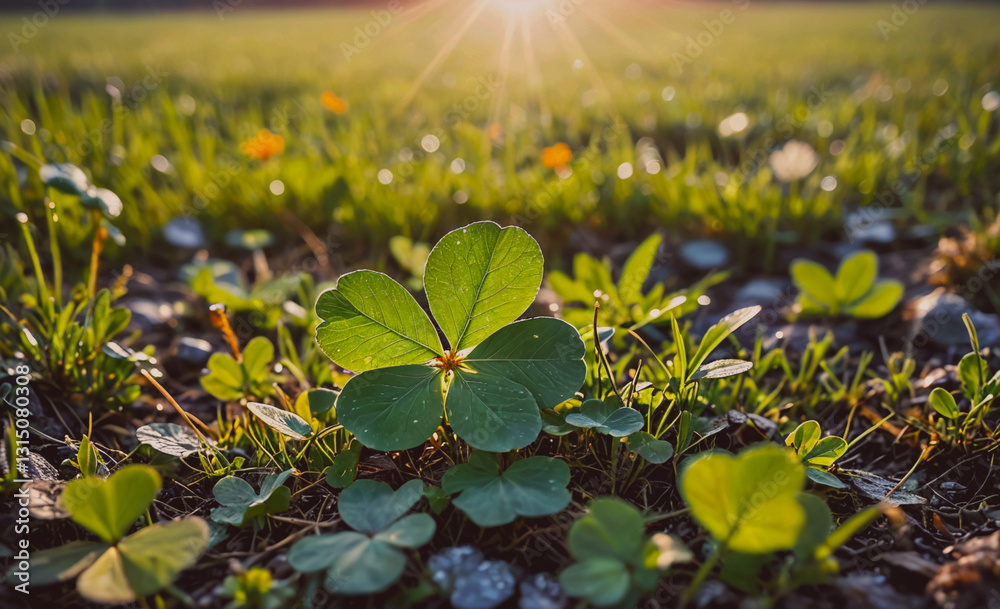 Poster small green leaf is in the middle of a field of grass. the leaf is shaped like a clover and is surro