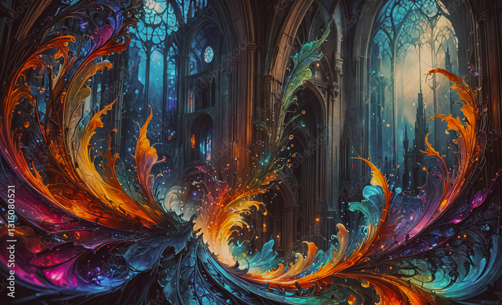 Poster colorful painting of a building with a large archway. the archway is surrounded by a rainbow of colo