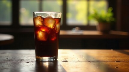 Refreshing Iced Beverage in a Glass on a Wooden Table in Sunlight
