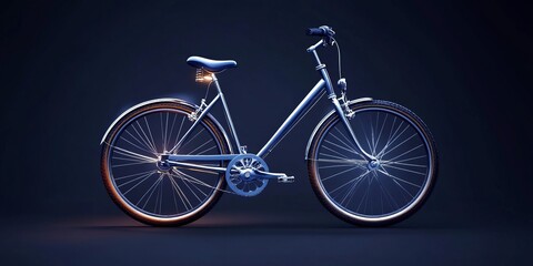 Fototapeta premium A sleek modern bicycle with a blue frame and bright wheels stands against a dark backdrop, showcasing its stylish design and innovative features for urban commuting.