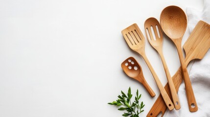 A set of bamboo kitchen utensils on a white isolated background