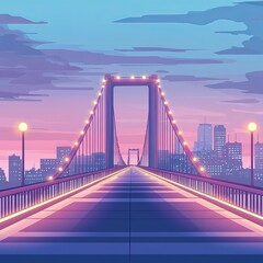 Fototapeta premium A stunning digital artwork depicting a vibrant sunset above a city skyline, featuring a beautifully illuminated bridge leading into the horizon.