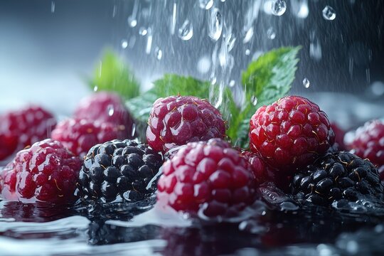 Fresh raspberries and blackberries with green leaves getting splashed by water on dark surface - Powered by Adobe