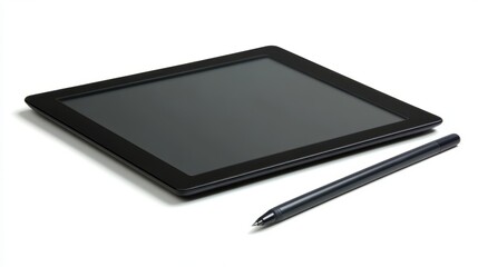 A digital tablet with a stylus on a white isolated background