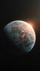 Obraz premium Distant planet with sunrise in deep space cosmic exploration celestial sphere with craters and stars