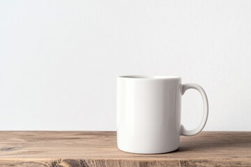 plain white ceramic mug placed on wooden table lit by soft natural light with ample copy space around