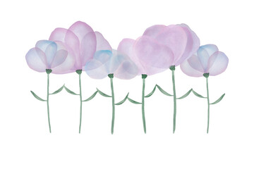 Group of purple watercolor flowers on white background. Conceptual watercolor illustration about togetherness, friendship and unity.
