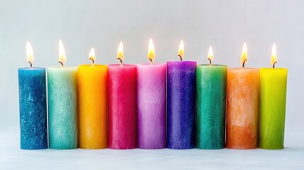 A set of colorful candles arranged symmetrically on a white isolated background