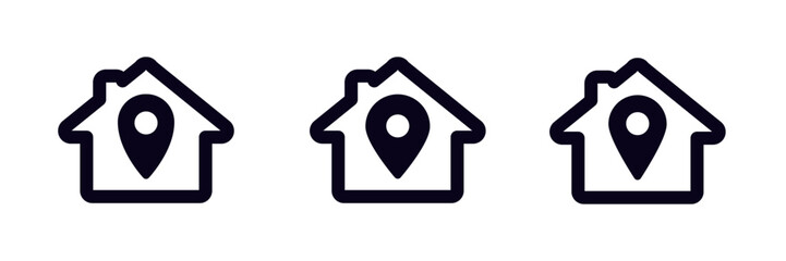 Three identical black house icons feature clear location symbols within each outline, showcasing simplicity.