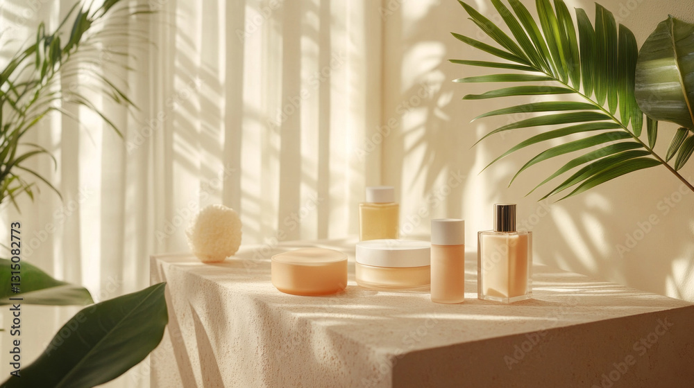Poster Soft rays of sunlight filter through sheer curtains, casting delicate shadows on a curated arrangement of skincare products atop a textured table surrounded by lush greenery