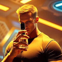 muscular guy in black shirt holding perfume and spraying himself