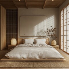 A minimalist designed bedroom with a neutral color scheme