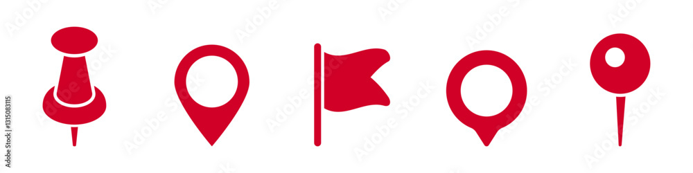 Poster red location markers and flags in various shapes for maps and navigation. simple and effective icons