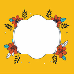 Decorative frame with red flowers and green leaves on bright yellow background with empty space for text