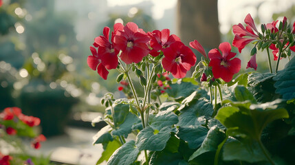 Red geraniums blooming in a sunny garden.  Use Spring greeting card