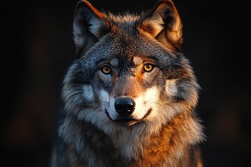 Fototapeta premium Wolf with piercing eyes in a dark forest setting surrounded by natural beauty during twilight