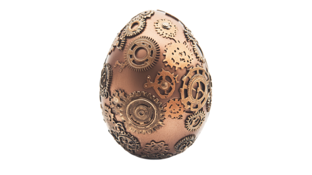 Easter egg adorned with tiny steampunk-inspired brass gears and cogs, isolated on white background --ar 16:9