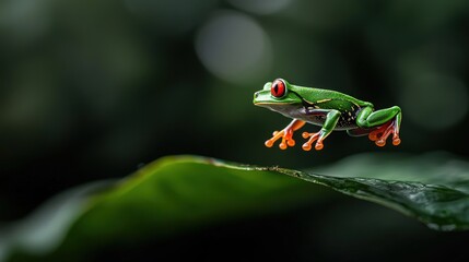 Naklejka premium Dynamic leap red-eyed tree frog tropical rainforest wildlife lush green environment close-up perspective animal behavior
