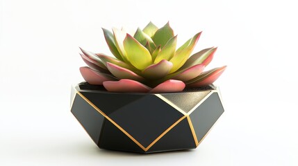 A small succulent plant in a geometric planter on a white isolated background
