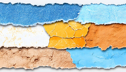 Ripped paper strips of different colors and textures